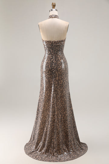 Glitter Golden Leopard Mermaid Halter Long Prom Dress with Slit